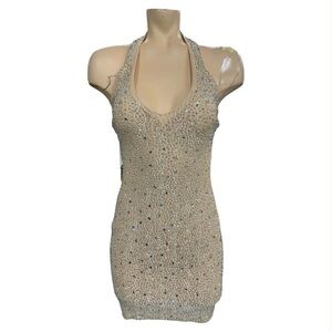 Windsor Beaded Halter Mini Dress in Nude Size XS